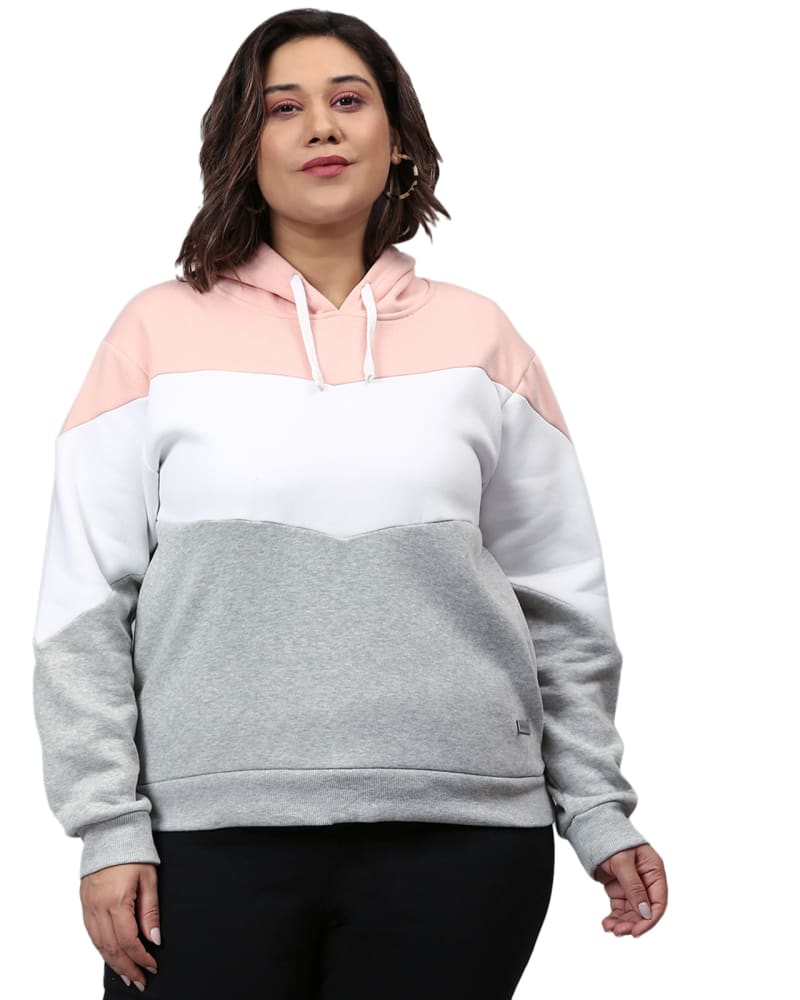 Front of a model wearing a size 6XL Colour Block Sweatshirt in Light Grey by Instafab Plus. | dia_product_style_image_id:297583